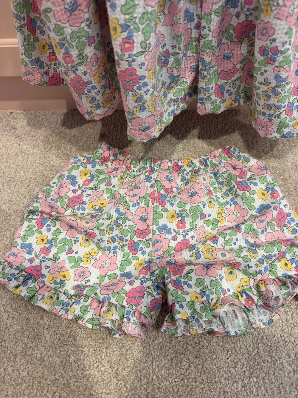 Floral Tiered Ruffle Tank and Shorts Set - Pink, Green, Yellow